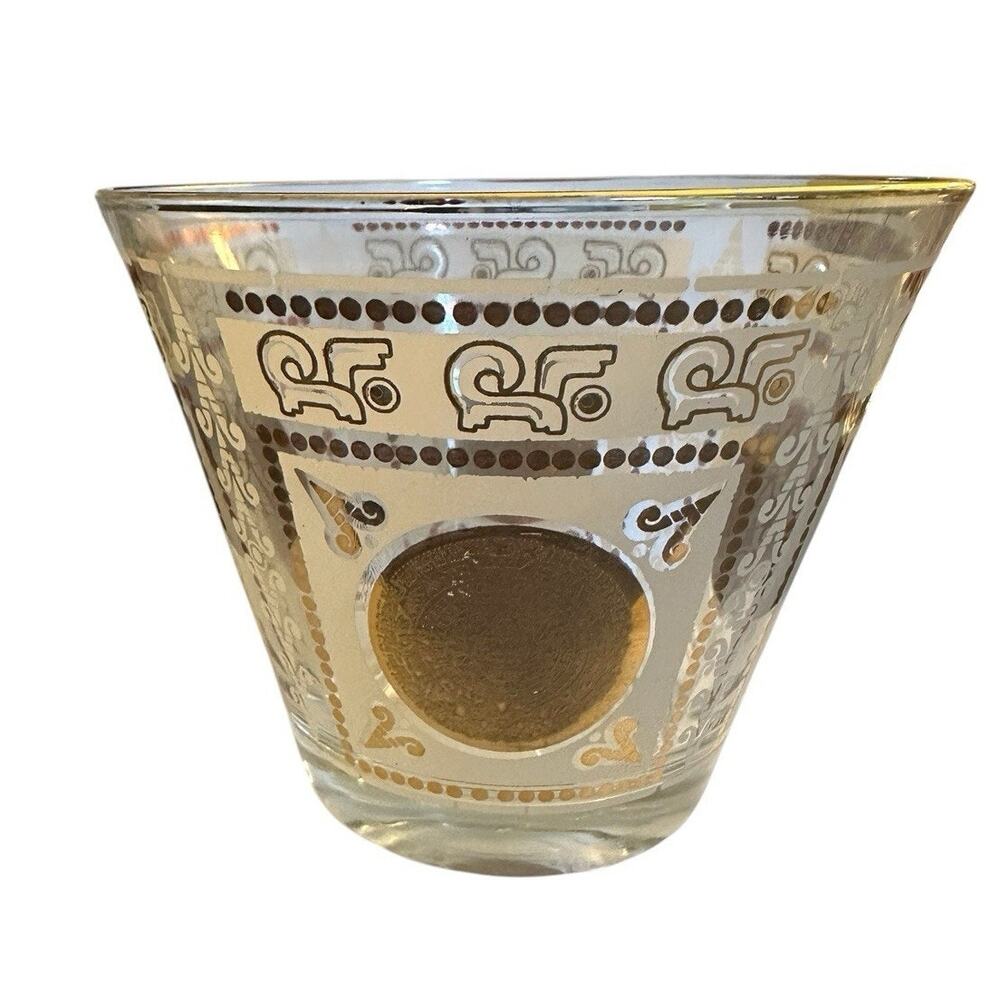 VTG Hazel Atlas Glass Mid Century Gold Gilded Aztec Mayan Ice Bucket Bowl 5 x 6